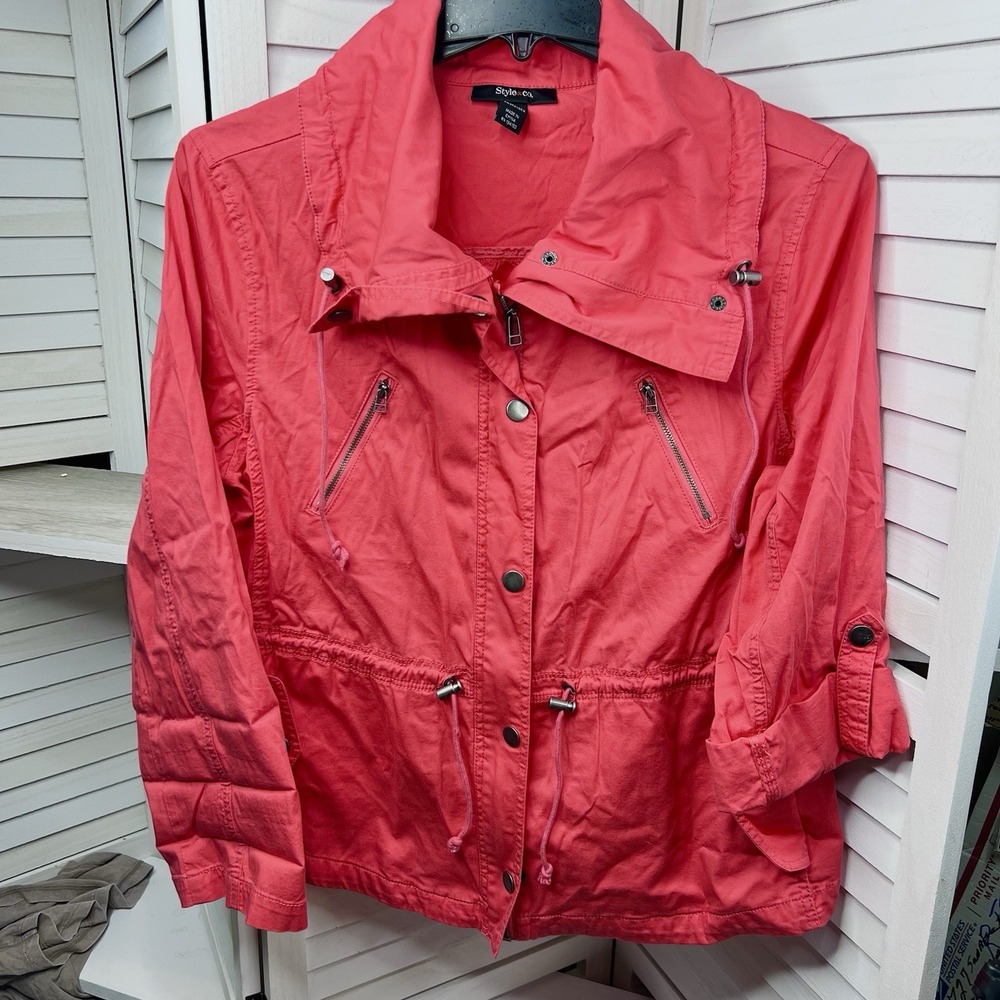 Style & Co Salmon Utility Jacket Women's L Zip Front Drawstring Waist Roll Tab